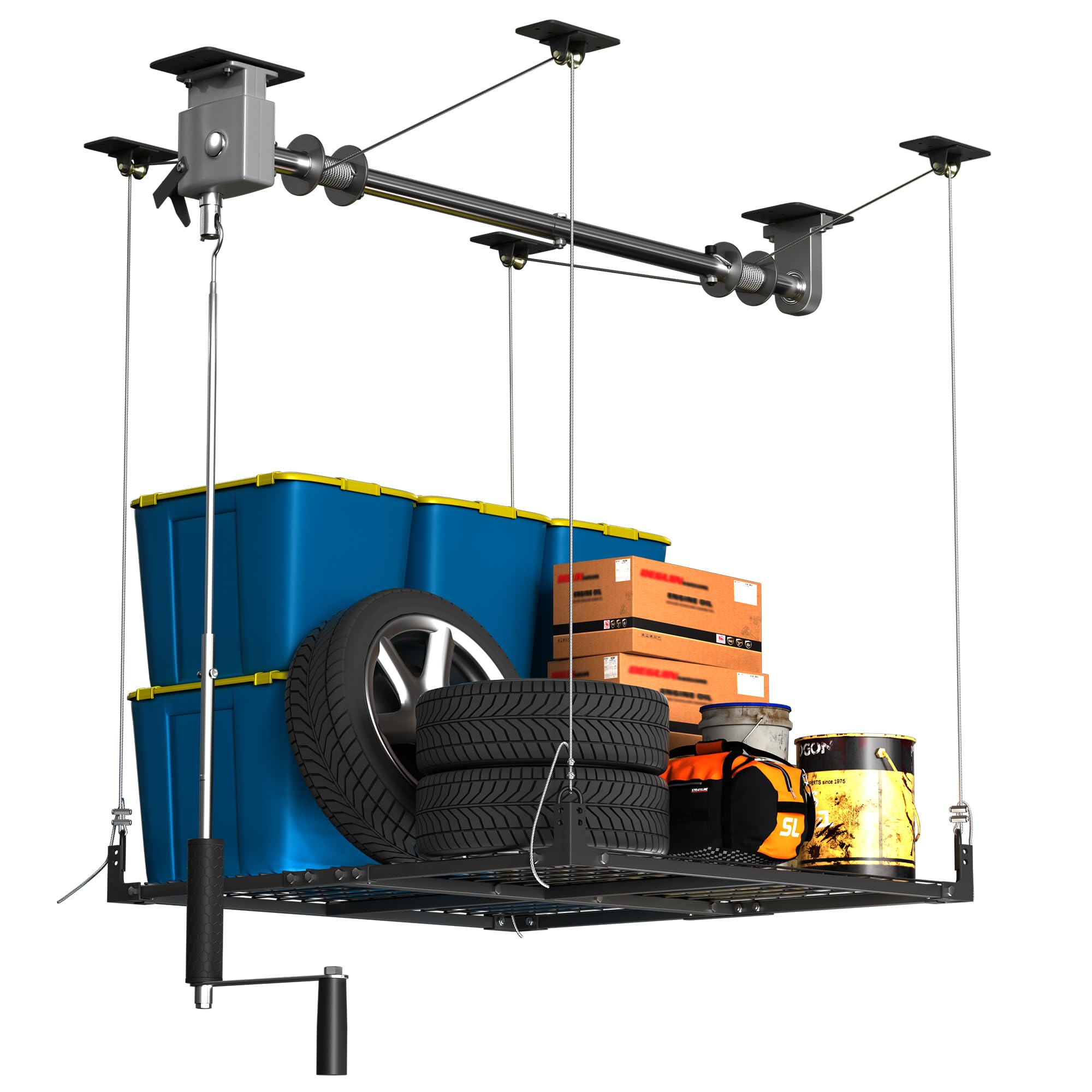 overhead garage storage rack,4x4ft ceiling storage racks with secure lock,garage storage lift system for easy up down,industrial elevator lift holds 400 lbs