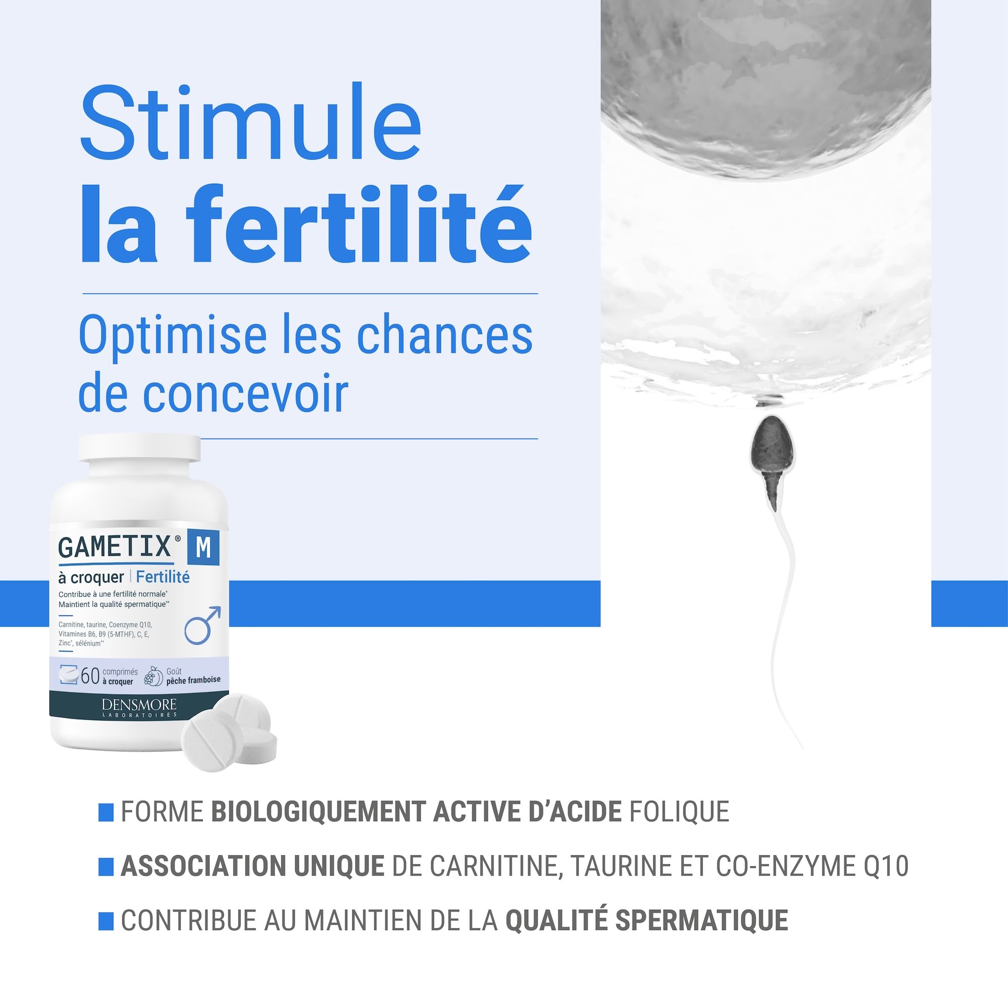 Densmore – GAMETIX M à Croquer – Complément Alimentaire Fertilité Masculine à base de Coenzyme Q10, Zinc, Sélénium, Vitamines C, E, B6 et B9 - Goût Pêche Framboise - 60 Comprimés - Fabriqué en France