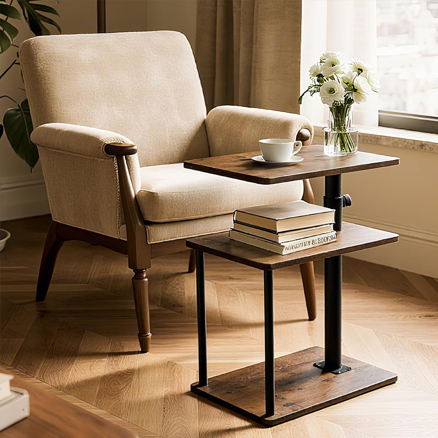 360° Swivel Side Table for Height Adjustable, C Shaped End Table for Couch with Storage, 3-Tier Night Stand with Open Shelf, Tv Tray for Small Spaces, Living Room, Bedroom, Rustic Brown