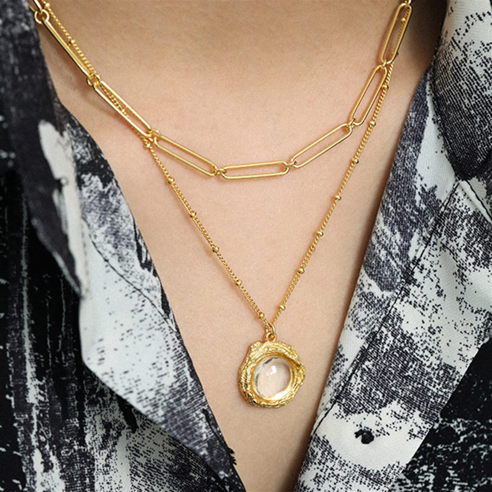 Collane Pendente in argento sterling 925 Ciondolo rotondo pendente trasparente collana lunga collana donna squisita gioielli pendente del partito Collana da donna ( Gem Color : Gold Labradorite )