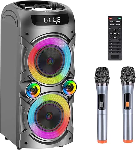 TYOTY Máquina de karaoke con 2 micrófonos inalámbricos, sistema PA portátil, altavoz Bluetooth grande con luces LED, control remoto, ajuste de