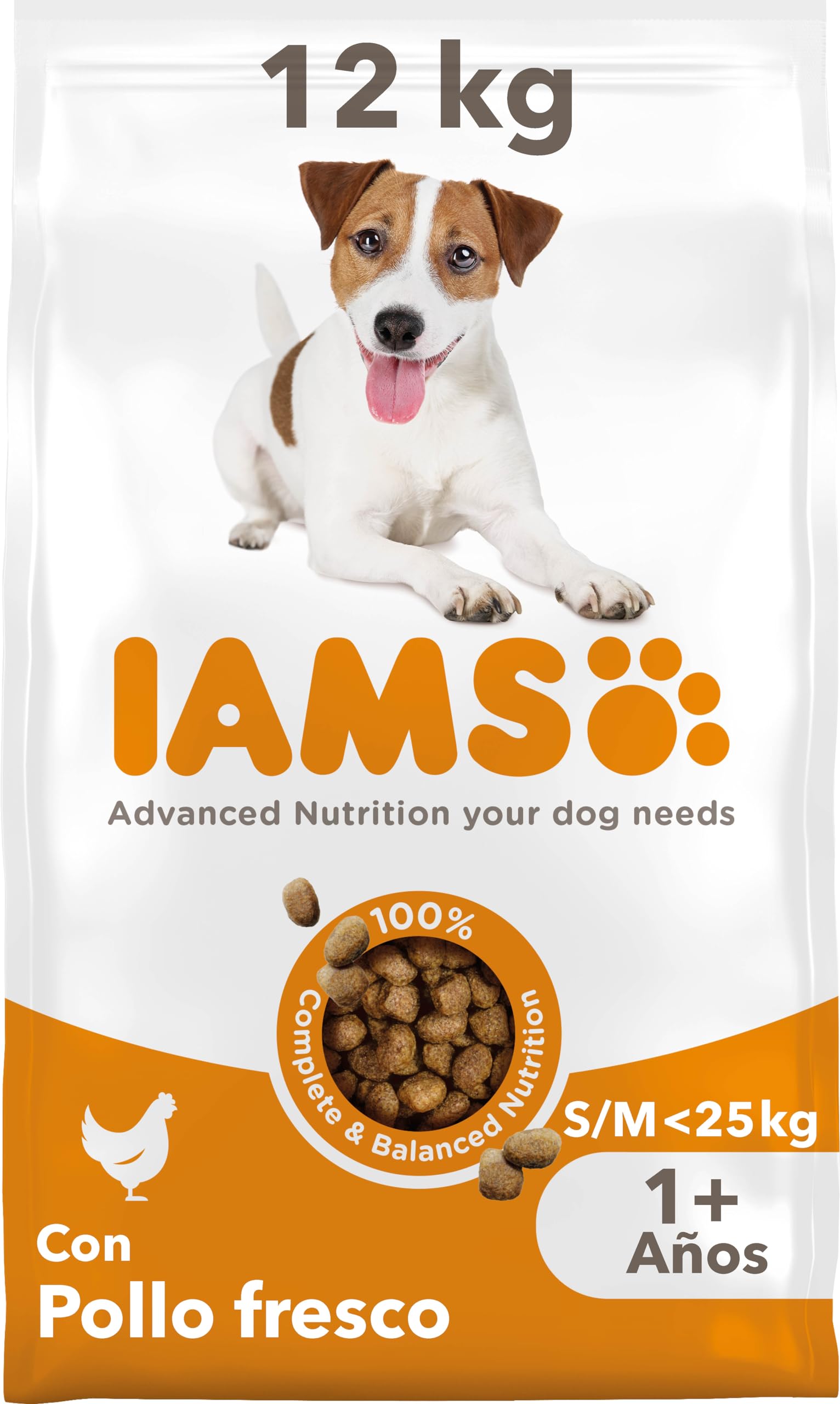 IAMS Alimento Seco para Perros de Razas Pequeñas y Medianas, Pollo, 12kg | Comida Seca para Perros | Para Perros Adultos de más de 1 año | Con Pollo Fresco