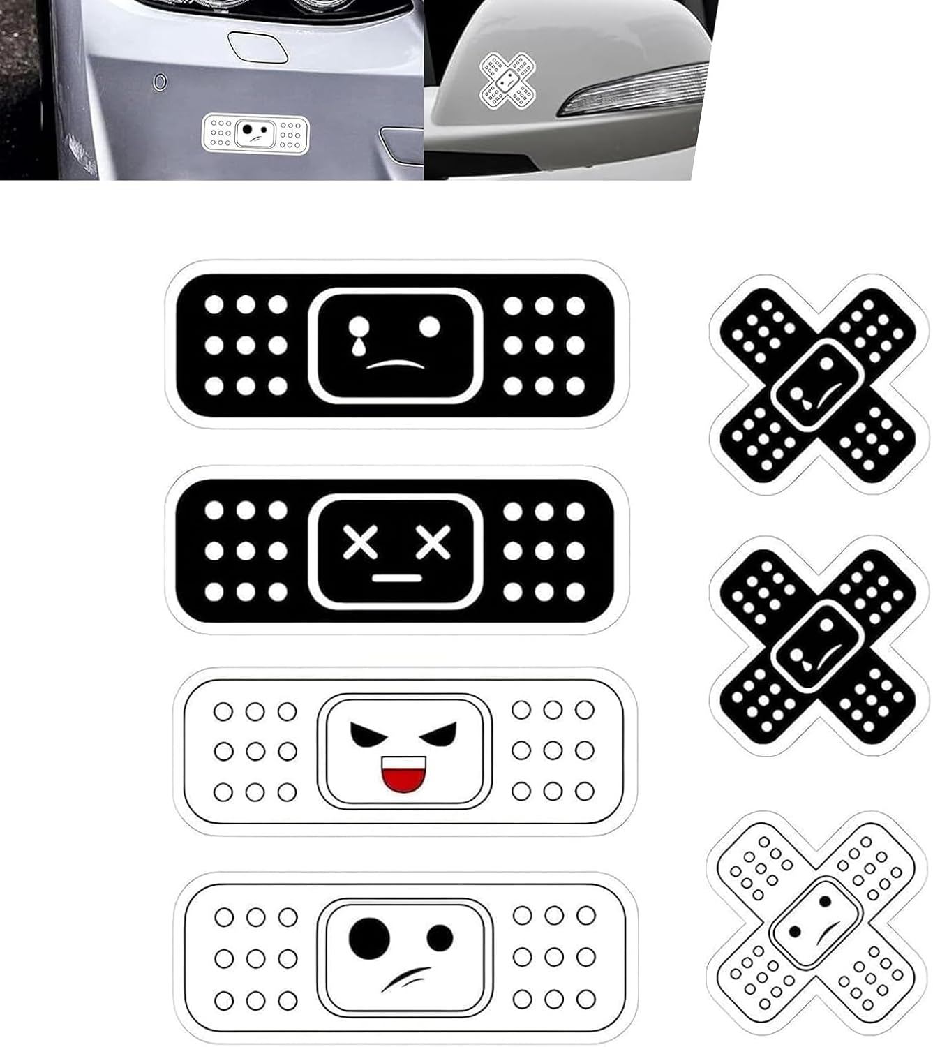WZP 7PCS Car Bandage Decals, Funny Band Aid Bandage Bumper Stickers, Waterproof Decorative Band Decals for Dent Ding, 2 Shapes, Universal Car Exterior Decor Accessories for Sedan, Truck, SUV (Black)