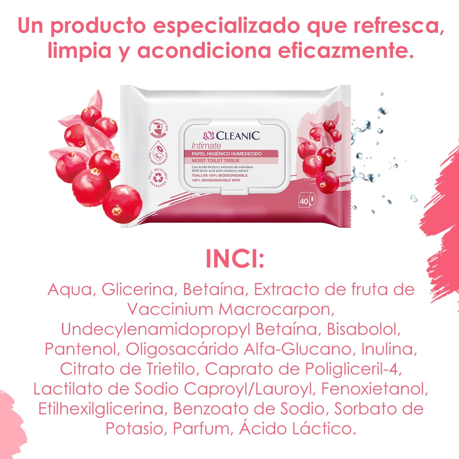 Cleanic Intimate Papel Higiénico Húmedo desechable - combina papel húmedo y toallitas. Limpia la zona íntima con extracto de arándano y prebiótico. 640 unidades (16x40)