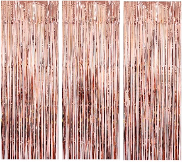 AILEXI 3 Pack 3ft*8ft Metallic Tinsel Curtains Foil Fringe Shimmer Streamers Curtain Door Window Decoration for Party Supplies - Rose Gold