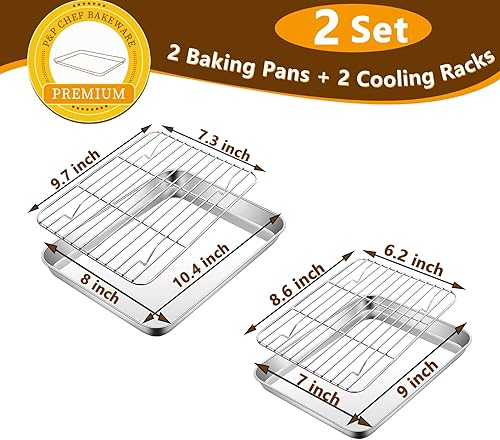 Miniatura 2 de P&P CHEF Sartenes para horno tostador de 10.4 + 9 pulgadas con estantes, 4 piezas de bandeja de horno de acero inoxidable para hornear y estante de
