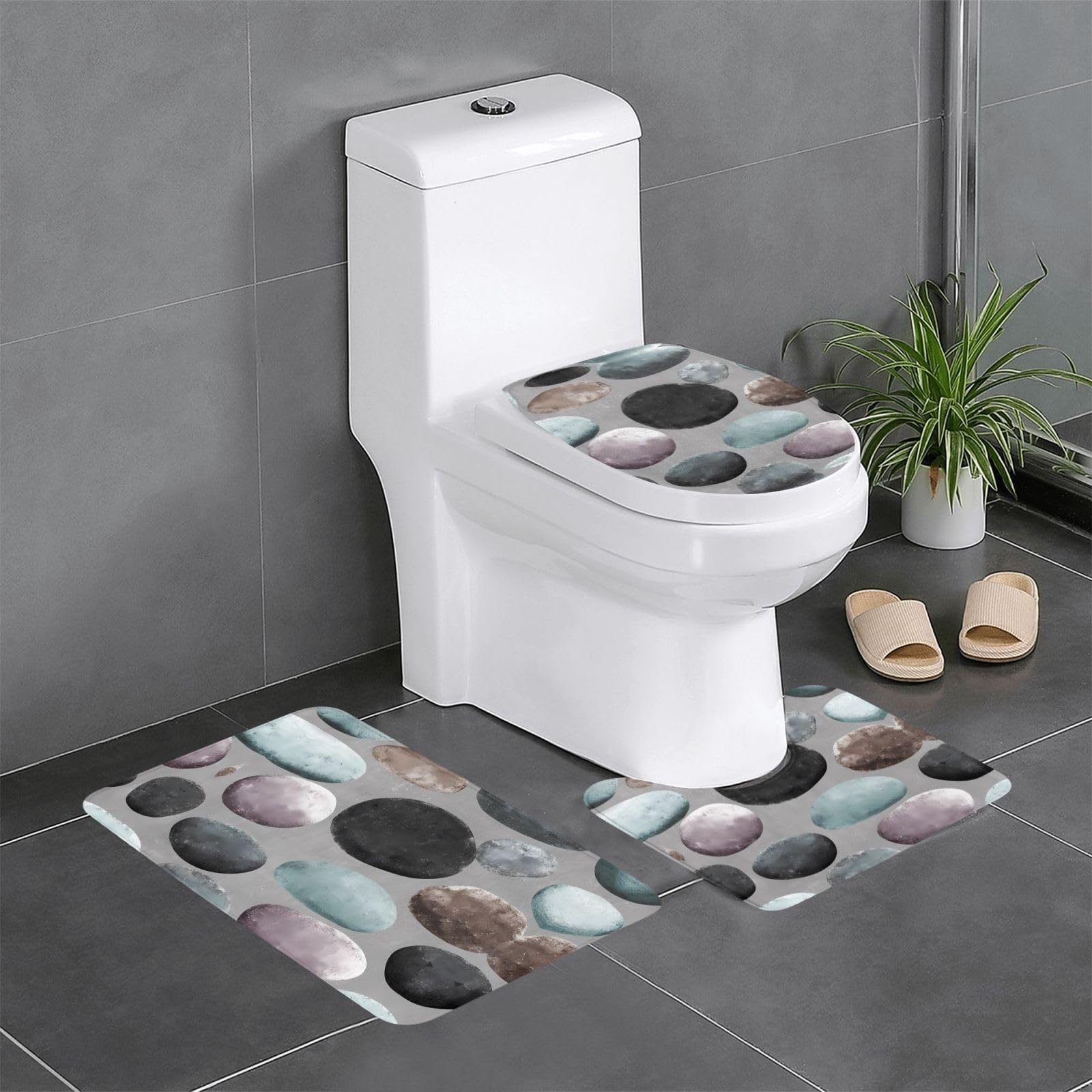 Tapis de salle de bain antidérapants gris - Lot de 3 formats zen pour WC et coiffeuse