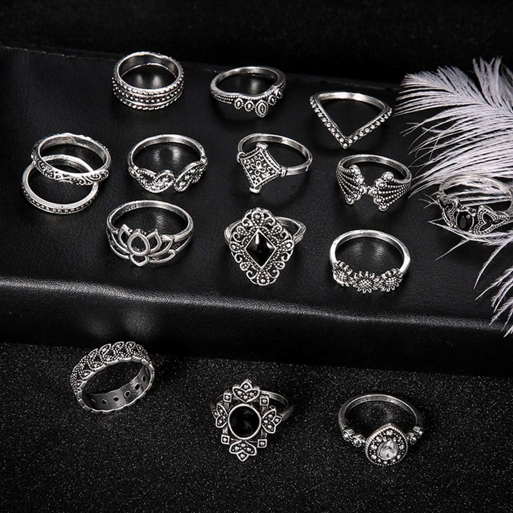 Ring 15Pcs Vintage Silver Joint Knot Rings Set Women Bohemian Stackable Joint Finger Rings Retro Stone Crystal Stacking Rings - Image 3