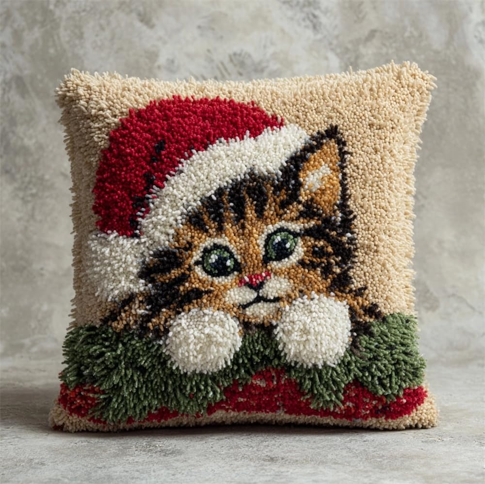 FWRTYCB 3D Pillow Latch Hook Embroidery Kits Christmas Kitten Cushion Art