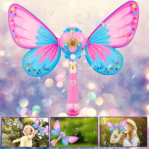 Miniatura 5 de Máquina de burbujas de mariposa para niños pequeños, varita mágica de burbujas para niños, soplador de burbujas musical con 2 burbujas de repuesto,