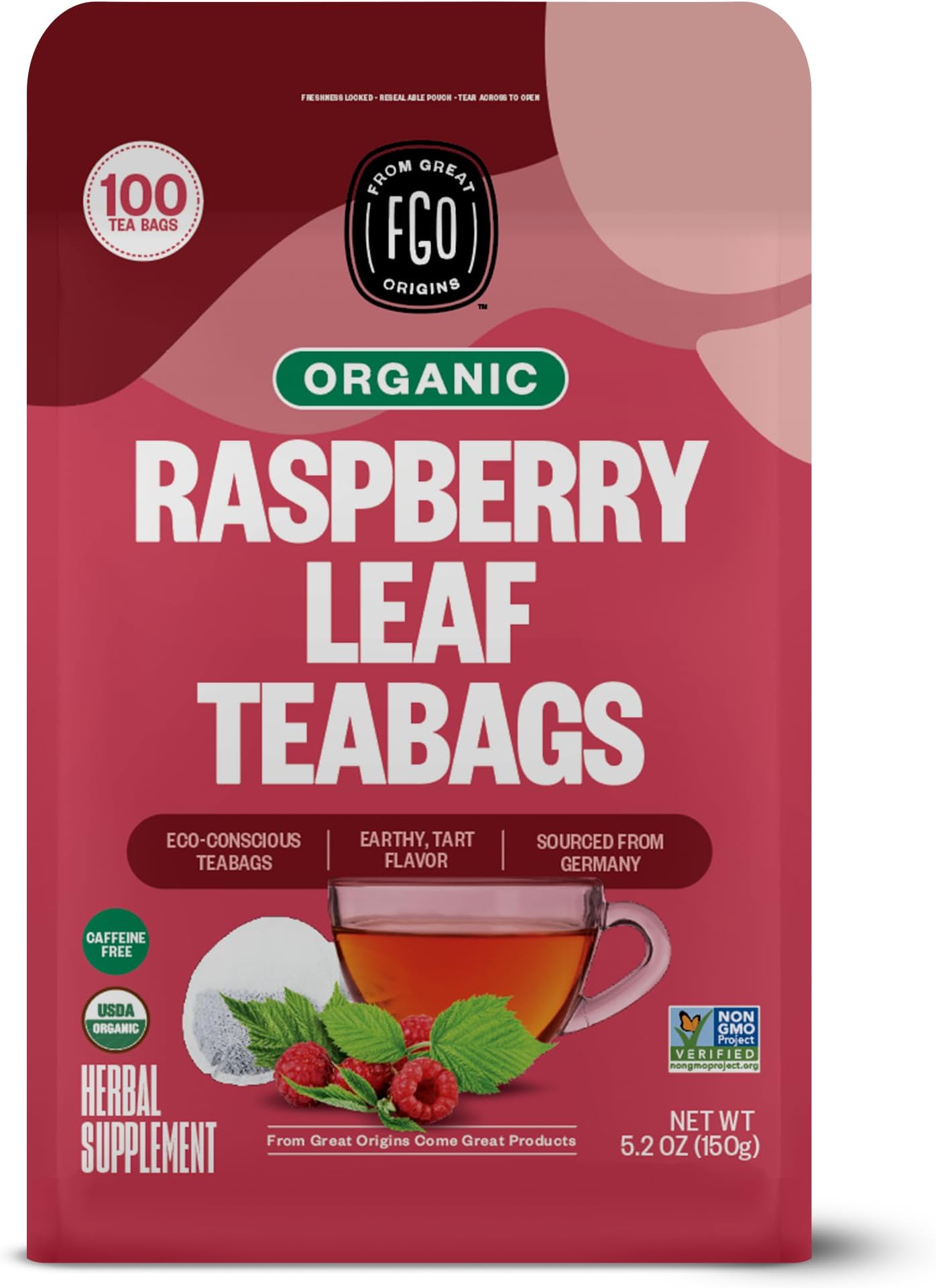 FGO Organic Red Raspberry Leaf Tea Bags | 100 Tea Bags | Eco-Conscious Tea Bags in Kraft Bag | Raw from Germany |
