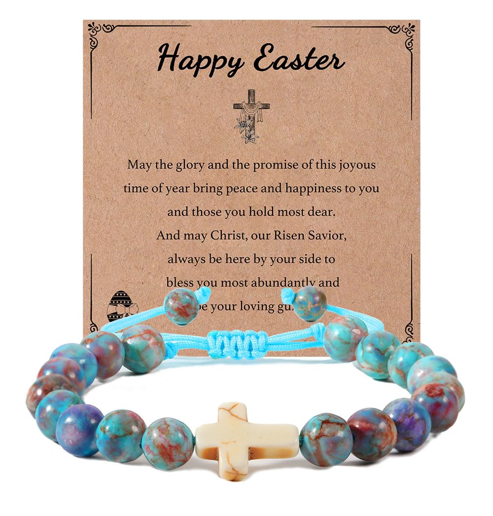 enasal Easter Basket Stuffers for Teens Girls, Nature Stone Easter Gifts Cross Bracelet, Christian Gifts Inspirational Jewelry