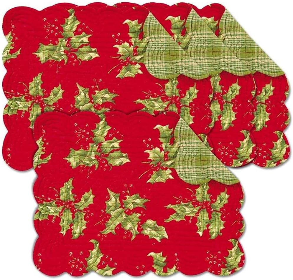 April Cornell Christmas Holly Red Quilted Reversible Placemat Set of 4