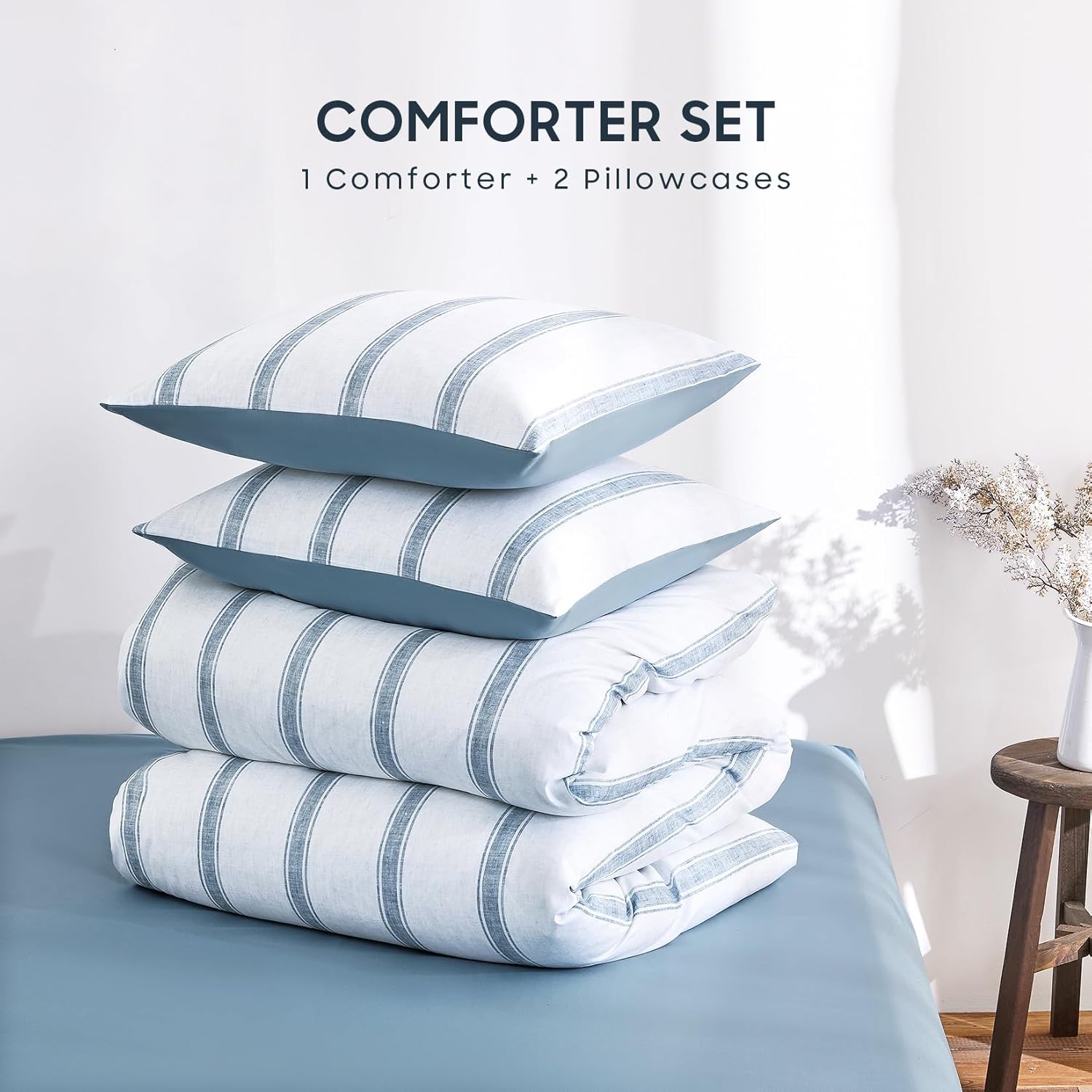 Wake In Cloud - Striped Comforter Set, Farmhouse Coastal Style with Vintage Ticking Vertical Stripe Pattern, Soft Lightweight Bedding, 3-Piece, Greyish Blue, Full Size