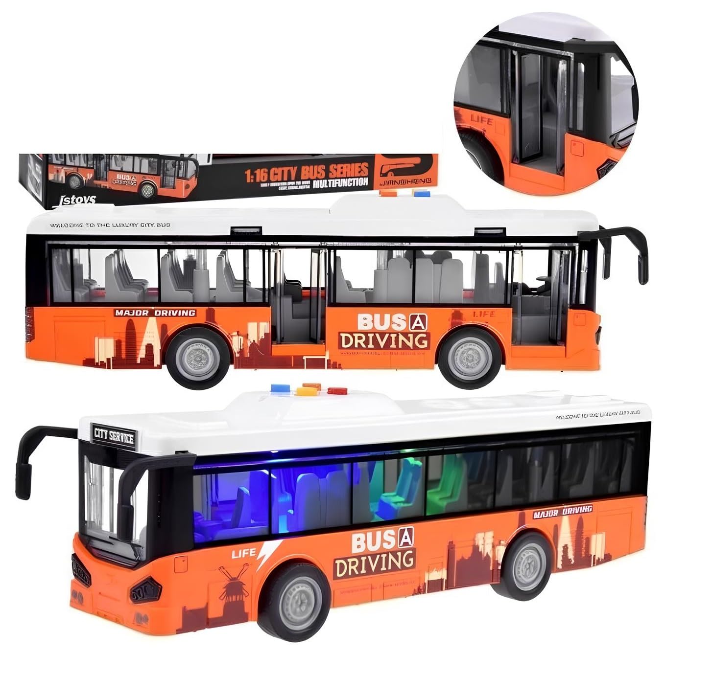 Bus Spielzeug Lichter und Sound Bus groß 28 cm Pullman Spielzeug für Kinder Lichter Geräusche Reibungsbewegung Türen öffnen Schule Buss Multifunktions Maßstab 1:16, verschiedene Farben zufällig