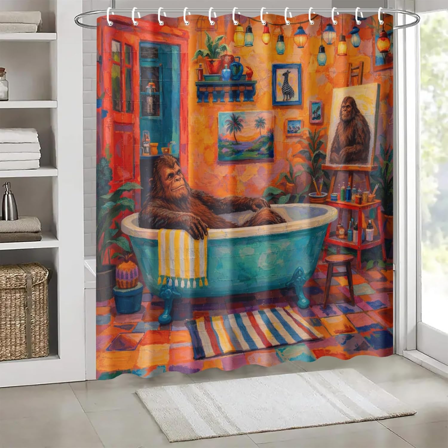 Funny Bigfoot Shower Curtain 70.8x70.8 Inch with Hooks Sasquatch Relaxing in Bathtub Design Fabric Bathroom Decor Humorous Painting Art Quote for Bathtub