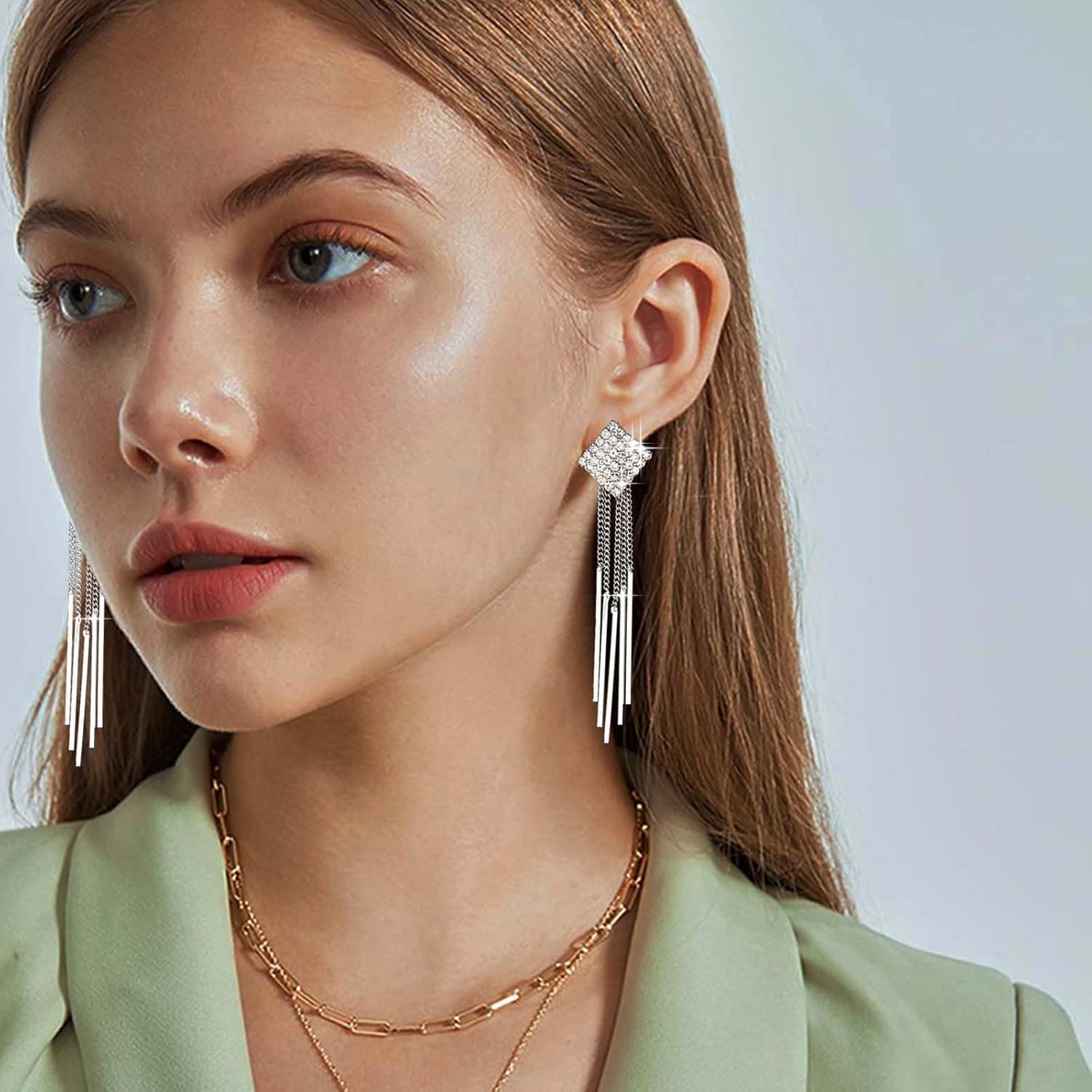 Silver Rhinestone Tassel Dangle Earrings Vertical Bar Tassel Earrings Long Chain Fringe Earrings Square Crystal Earrings Metal Chain Drop Earrings Jewelry for Women - Image 7