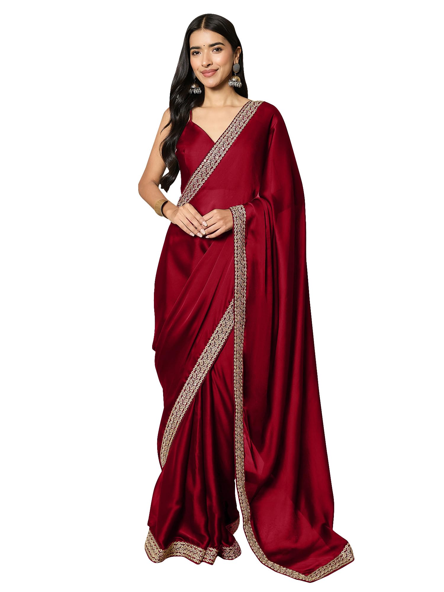 AKHILAM Women's Red Satin Ready to Wear Saree Maroon - Image 1