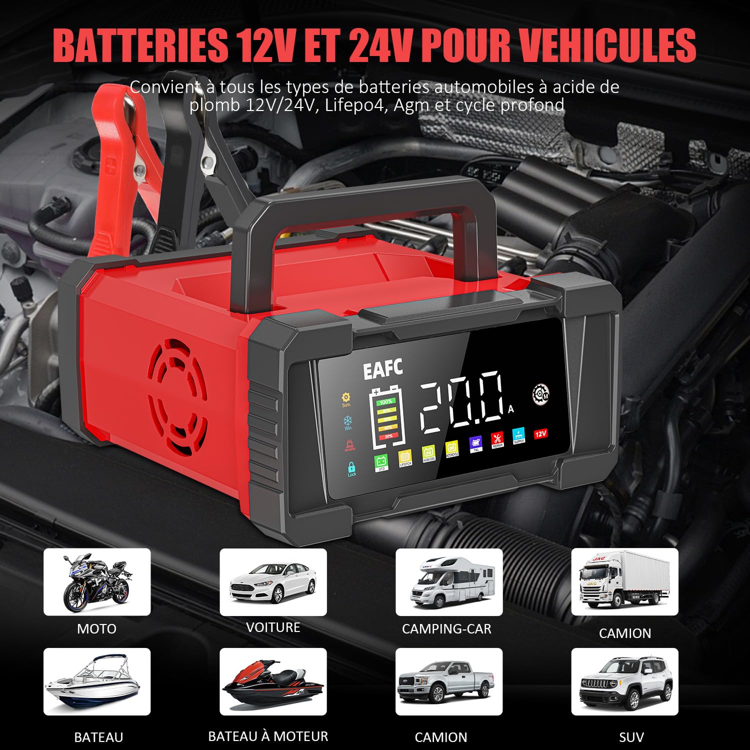Caricabatterie portatile da 20 A, 12 V/24 V, ricarica a 9 livelli, modalità di riparazione, caricabatterie per STD, AGM, EFB, gel, SLA, LiFePO4, veicoli a motore, moto