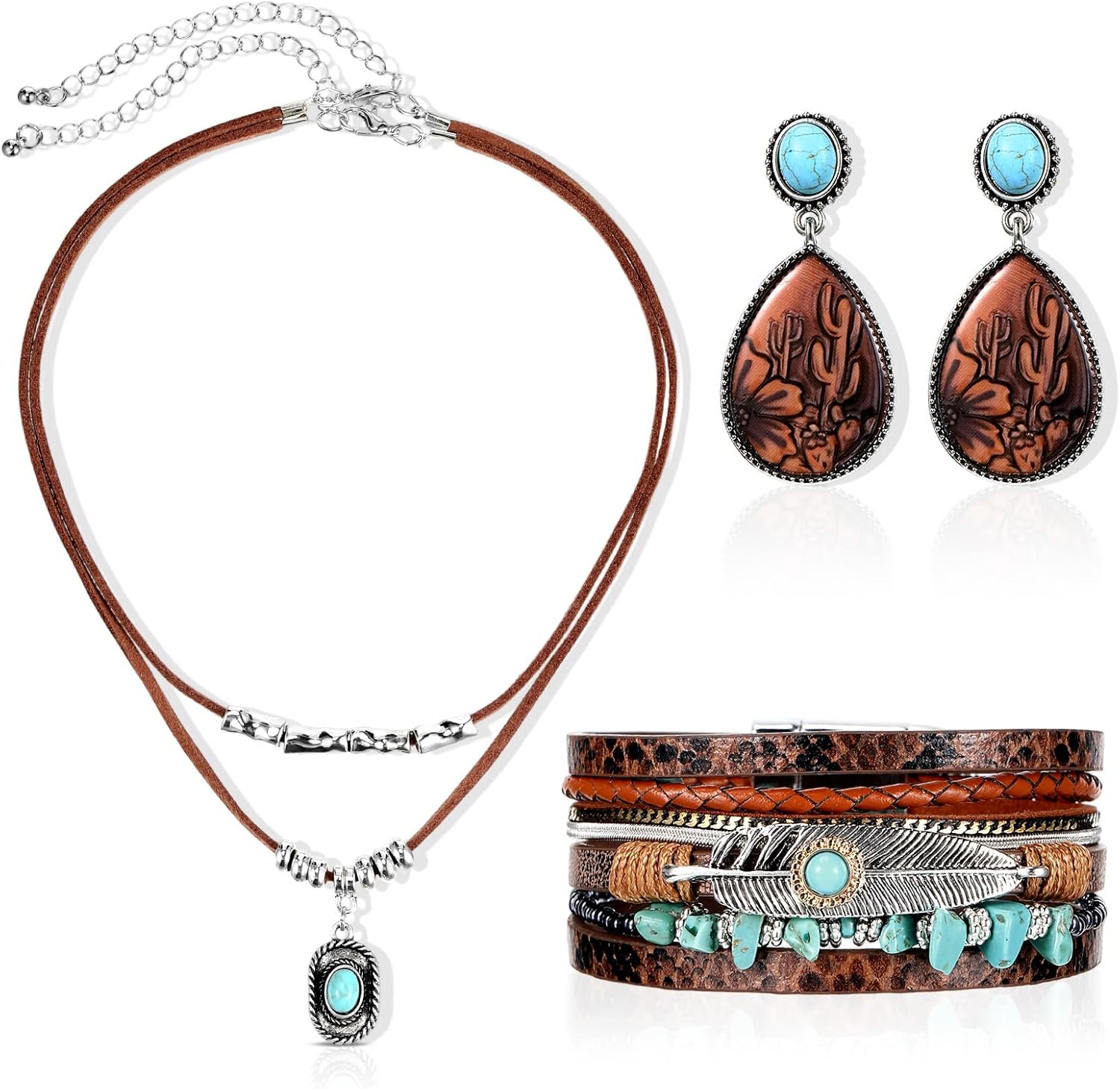 Rustic Western Turquoise Jewelry Set Necklace Earrings Bracelet
