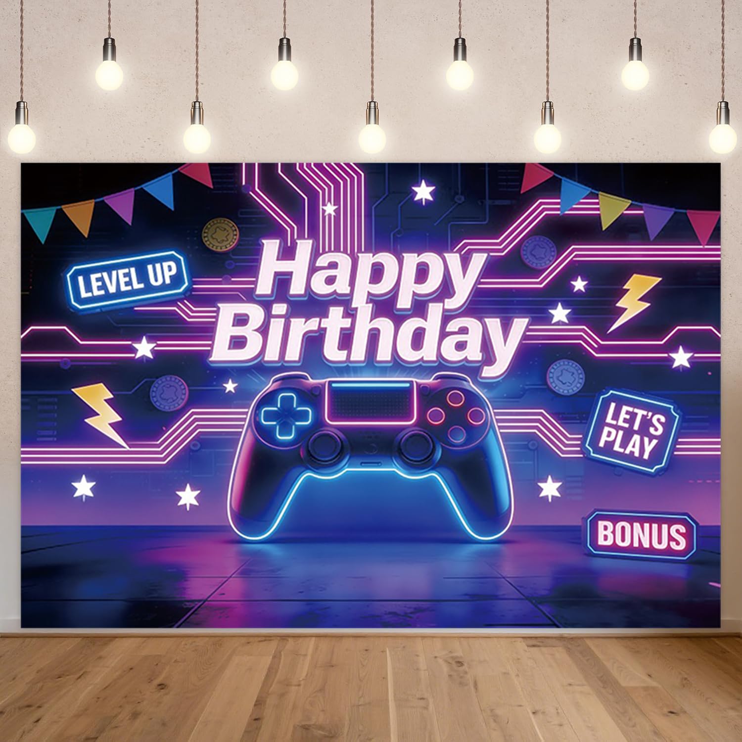 4,5x3m Sfondo Compleanno Gaming "Level Up" Controller Neon Accenti Arte Pixel "Buon Compleanno" Tema Gamer Festa Cyberpunk Accessori Studio