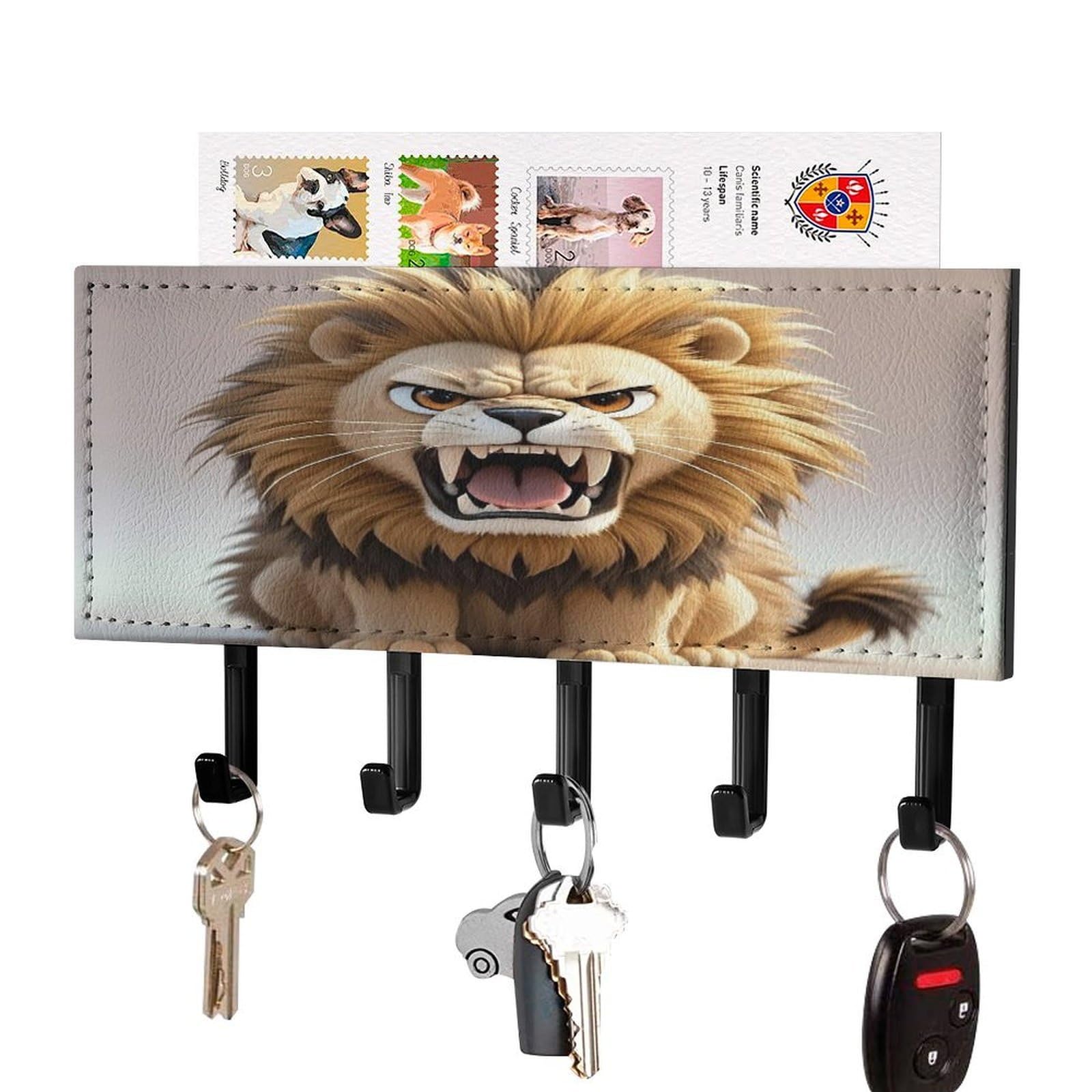 Fekiloot Black-Style Lion Key Holder Wall Mount Key Hanger With 5 Hooks Decorative Key Rack Hanging Key Hooks With Mail Organizer Key Holder For Wall Living Room Kitchen Bathroom Hallway Black