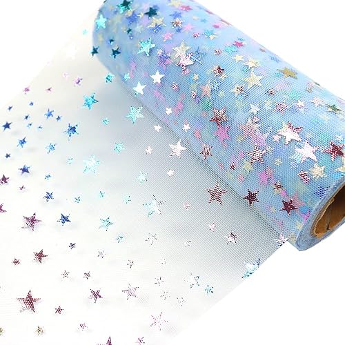 Miniatura 2 de DADAXIE - Rollos de tul con purpurina de estrellas coloridas de 6 x 10 yardas (30 pies), cinta de tela de color azul brillante para mesa, silla,