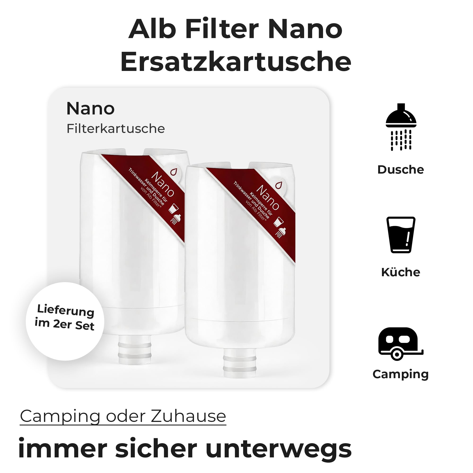 Alb Filter Nano Ersatzkartusche 2er-Pack – Einzelkartusche für den Wasserfilter – Sicheres Trinkwasser für Familie, Reisen & Hotels – Schutz gegen Keime & Bakterien im Wasser – Made in Germany