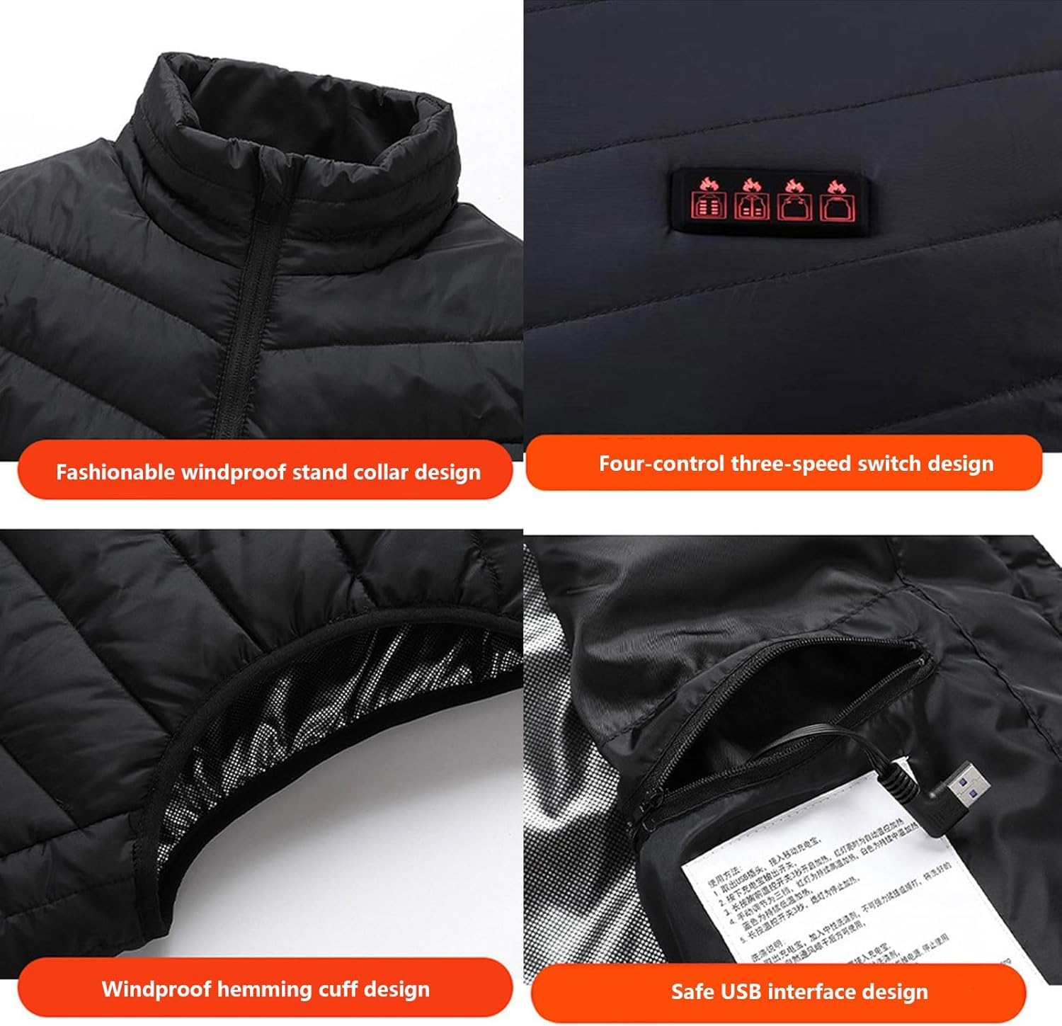 Odzież termiczna Kamizelka grzewcza, kamizelka termiczna, 15 stref, regulowana, USB, podgrzewana elektrycznie, zimowa, unisex, do użytku na zewnątrz (bez baterii)(Noir,4XL(82.5-90kg))