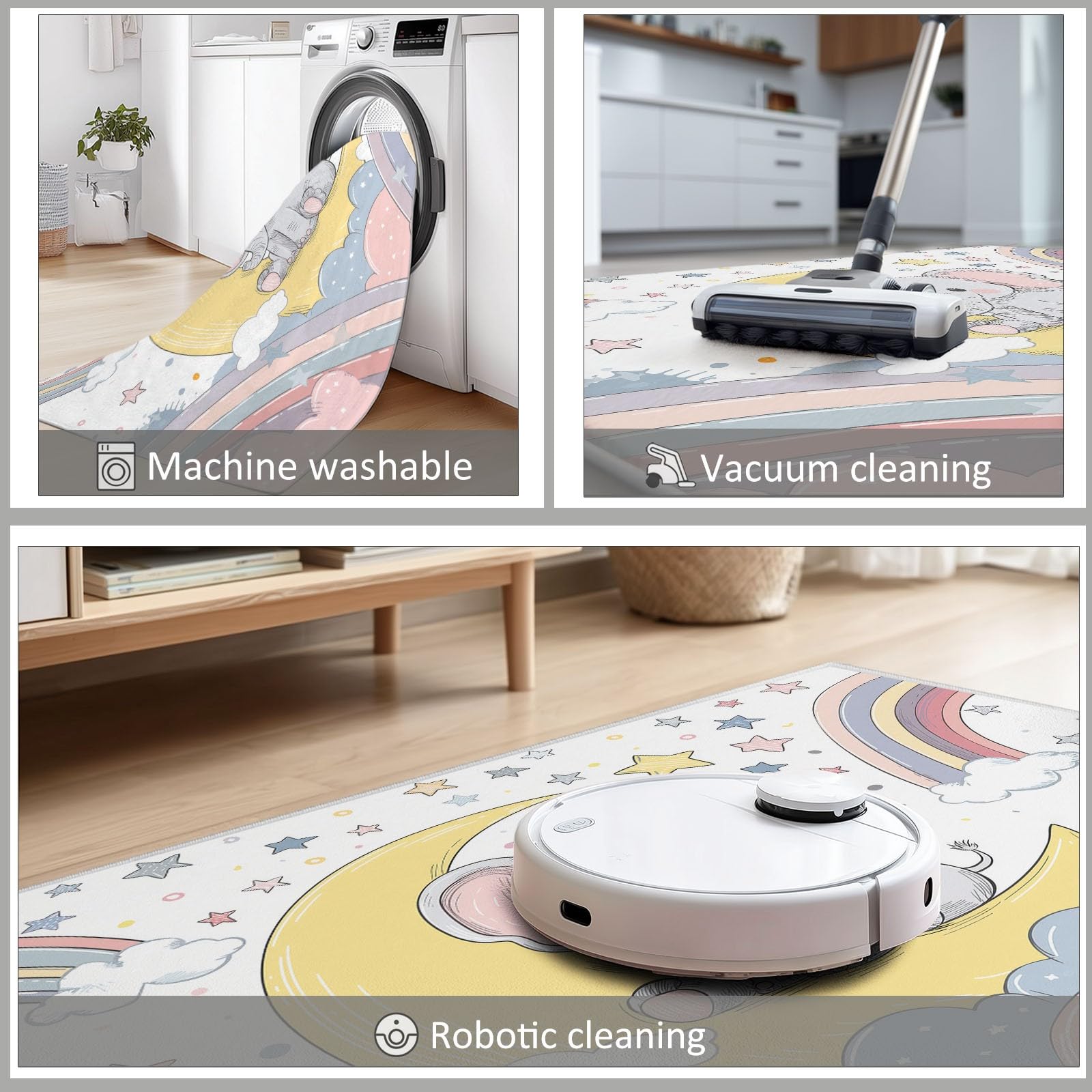 Tapis Salon Cartoon Lune Étoiles Éléphant Moquette Lavable en Machine avec Dessous Antidérapant, Tapis poils courts et moelleux Décoratif pour Chambre Cuisine Entrée et Maison Blanc, 160x230CM