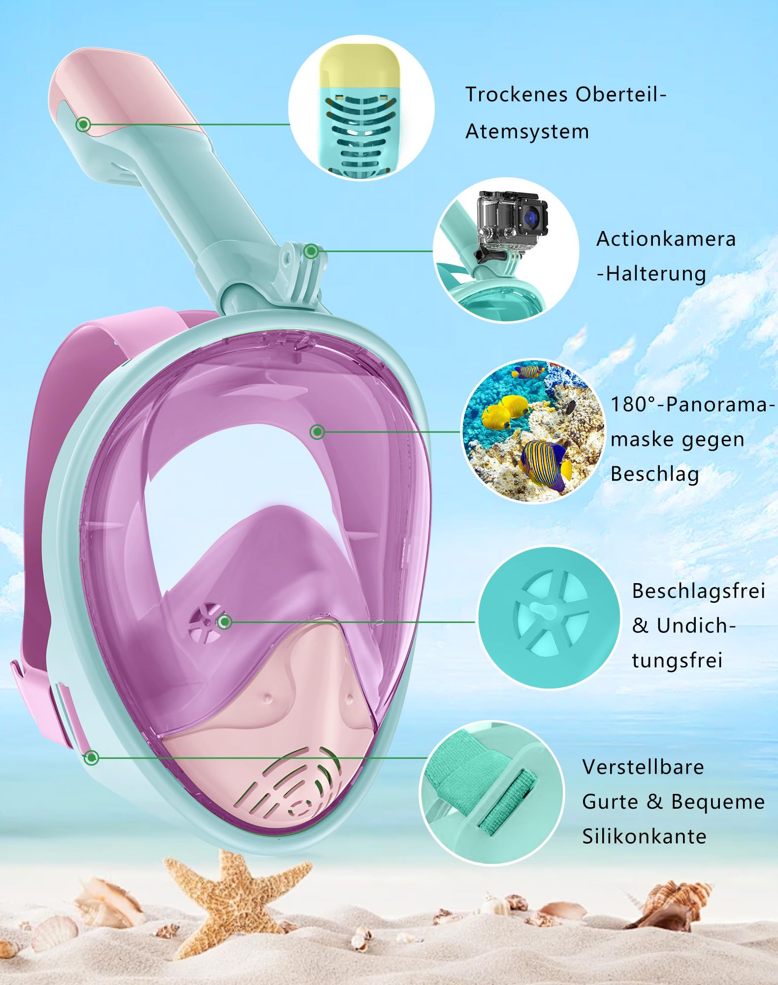 Schnorchelmaske Kinder Vollmaske, Sicherer CO2-Schutz, Anti-Beschlag, Vollgesichts-Tauchermaske mit Abnehmbarer Action-Cam Halterung, Dry-Top System, Auslaufsicher, Schnorchelset für Kinder