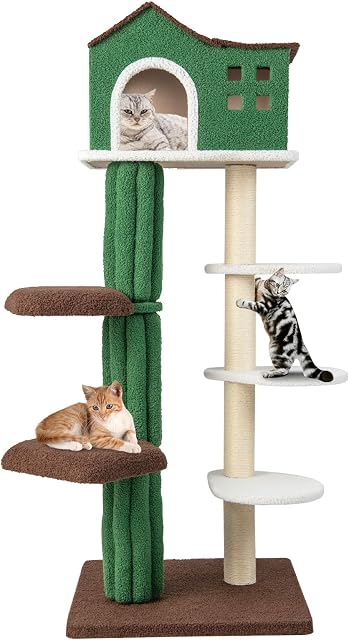 COSTWAY Cat Tree, 153cm Cats Climbing Tower with Top Cat Condo, Sisal Scratching Posts and 5 Rotatable Platform, Multi-level Kitten Activity Center Play House for Indoor