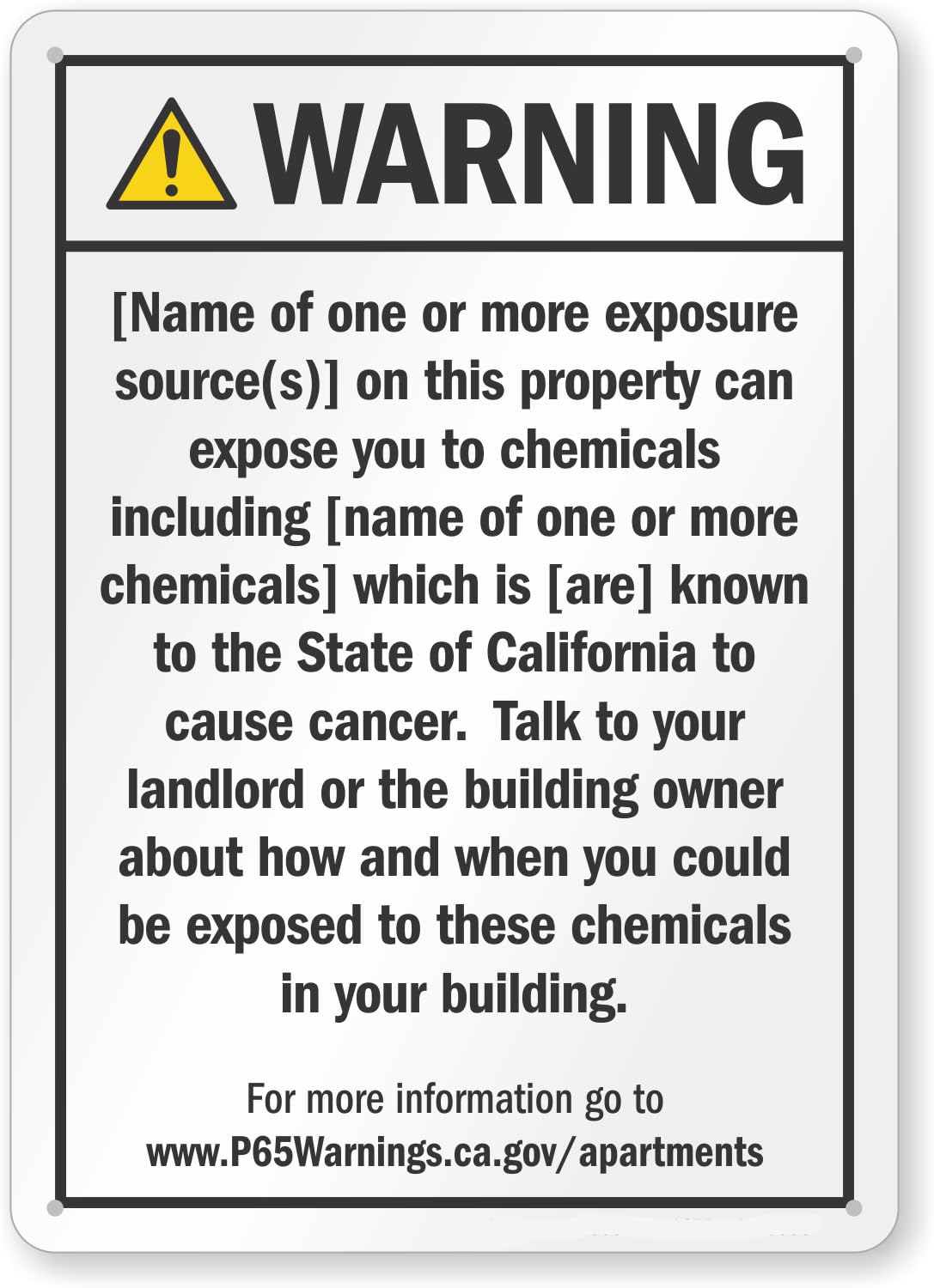 Regional Chemical Exposure Prop 65 Warning Sign, Public Area Health Risk Tip Metal Sign 12x8 Inch