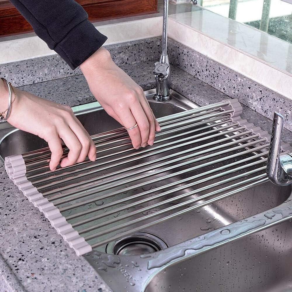 Dullrout 20.5" x 16" Extra Large Over The Sink Roll up Dish Drying Rack, Rolling up Sink Dish Racks Multipurpose 304 Stainless Steel Sink Kitchen Sink Drainer Drying Rack for Cups Fruits Vegetables