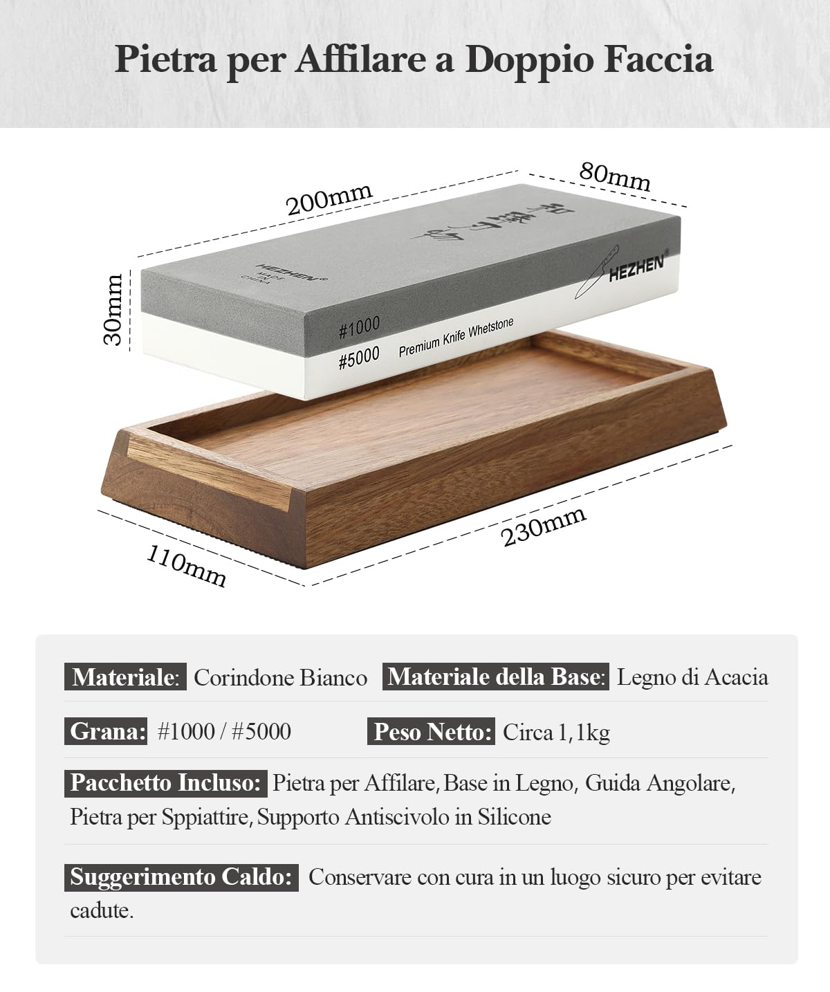 HEZHEN Pietra Affilacoltelli Professionale, Pietra per Affilare al Corindone Bianco, Doppia Faccia Grana1000/5000, con Guida Angolare, Base in Legno