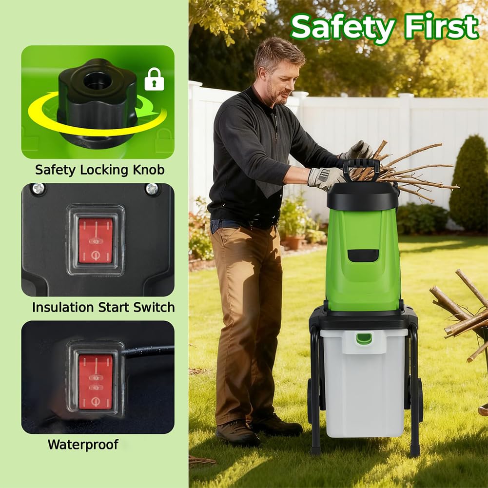 Trituradora eléctrica de jardín de 2800 W con ruedas, caja de colección de 50 L, ancho de astillado de 45 mm y velocidad de 4500 RPM para residuos de patio y limpieza de hojas