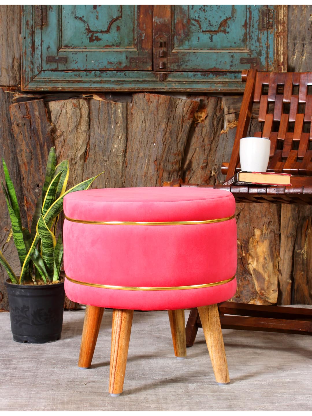 Pouffes Sitting Stool for Living Room, Puffy Wooden Ottoman | Round Pouffe for Living Room & Bedroom | Pouf for Office & Home Decoration & Modern Seating Stool (Stool-BabyPink)-image-17
