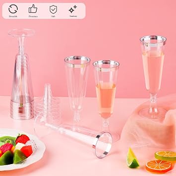 Ruisita 120 Pack 5 Ounces Plastic Champagne Flutes Disposable Plastic Champagne Glasses for Parties Clear Toasting Flutes Cocktail Cups for Wedding, Anniversary, Birthday (Silver)