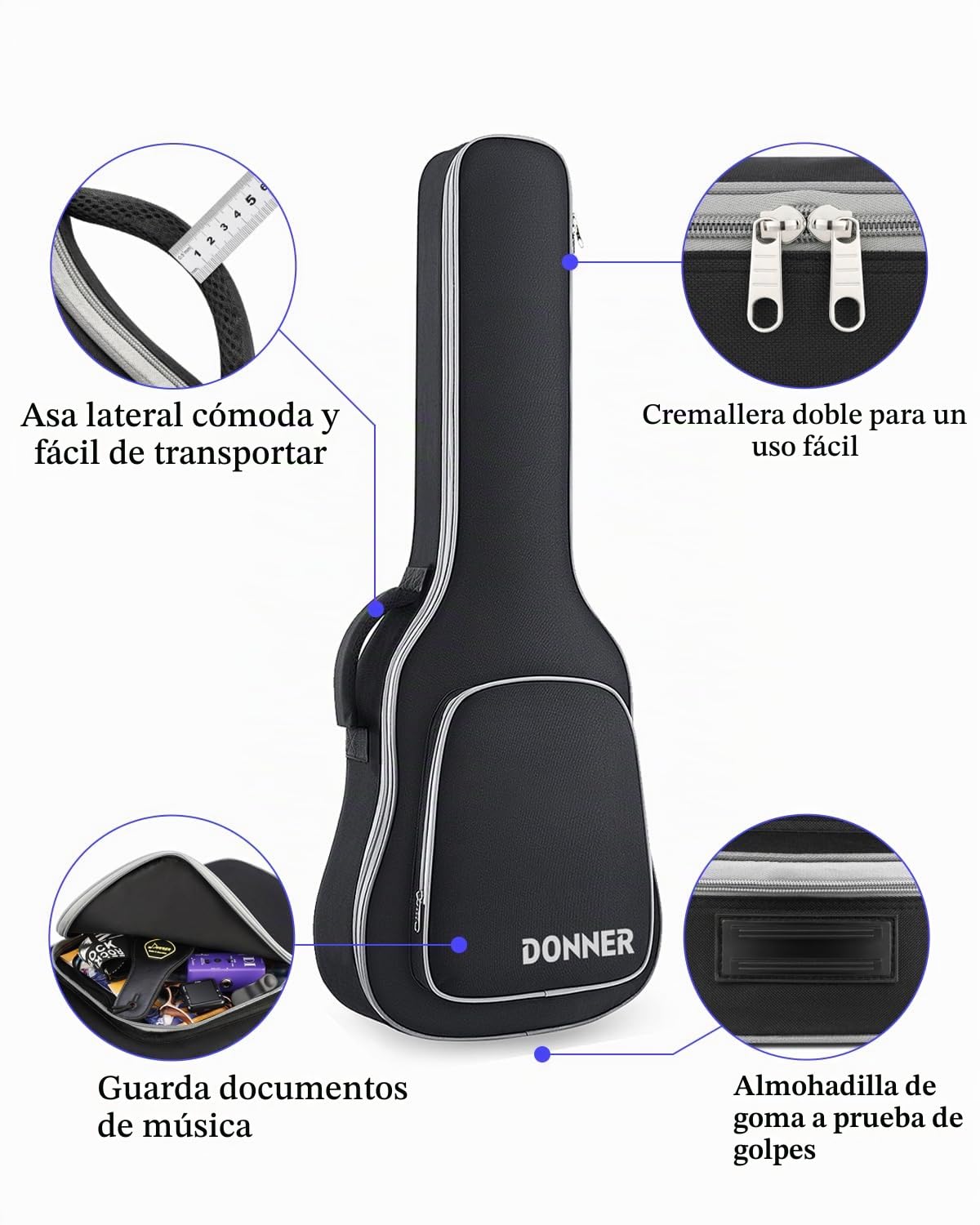Donner Funda para Guitarra Eléctrica 39", Bolsa Mochila Acolchada 5mm, Correas Ajustables, Interior Resistente al Agua con Esponja y Bolsillo