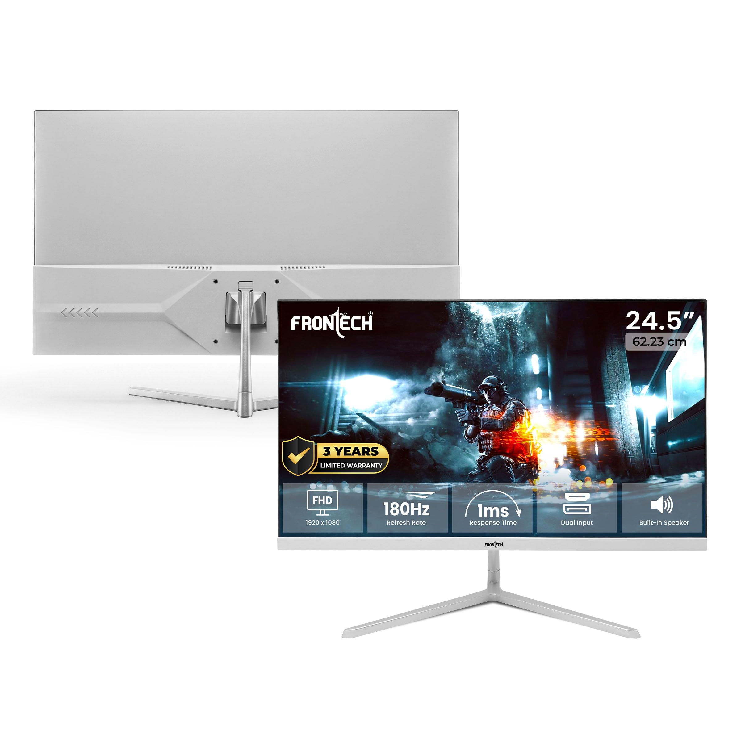 FRONTECH LED Monitor, 24.5 Inch (62.23cm), VA Panel, 180Hz Refresh Rate, Ultra Slim Bezel, FHD 1920x1080, HDMI & DP, in-Built Speakers, Wall Mountable (MON-0087G)
