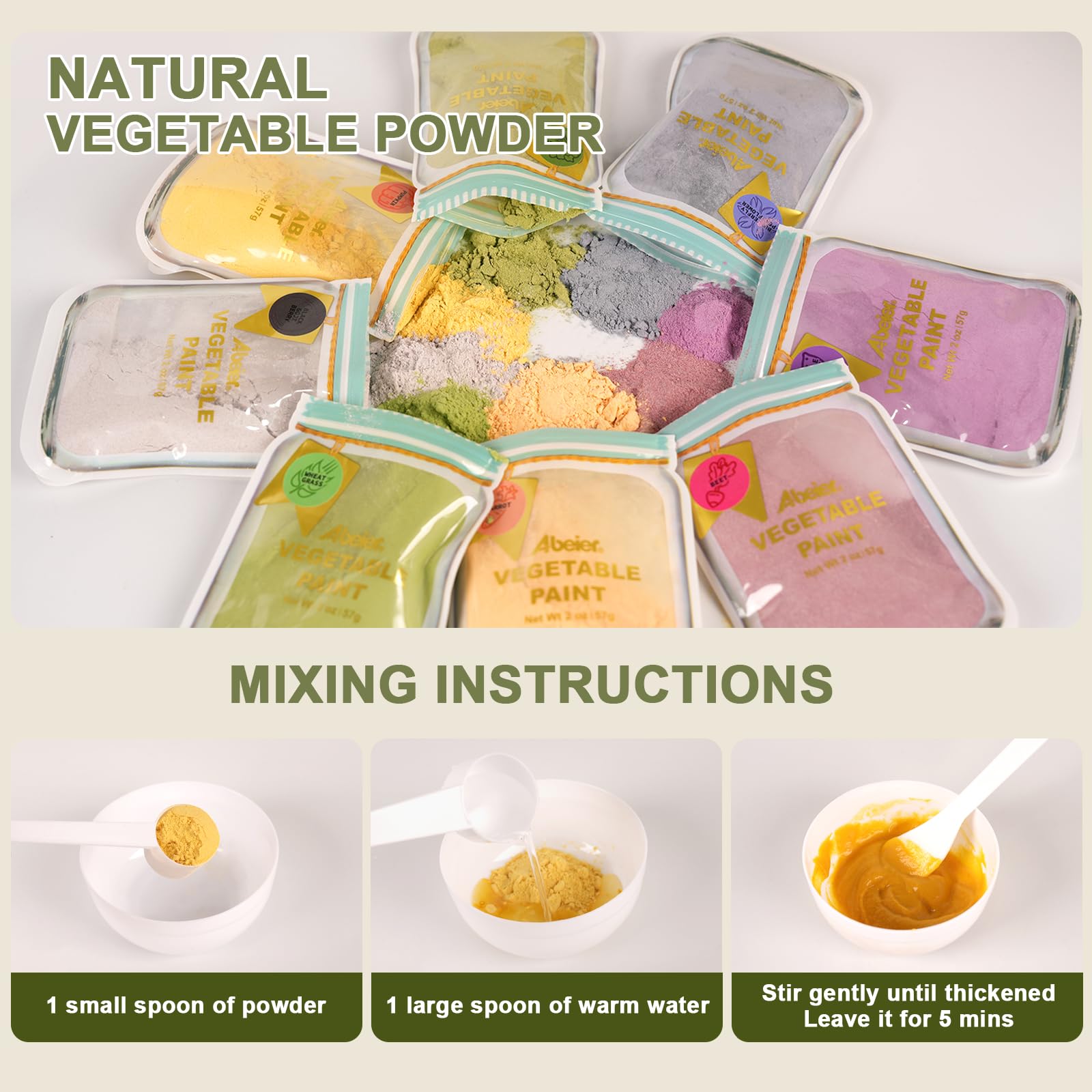 ABEIER Pinturas de dedos para niños, no tóxicas, 8 x 2 oz en polvo, lavable, color natural, pintura para huellas dactilares, accesorios de pintura seguros para guardería, escuela, aprendizaje temprano