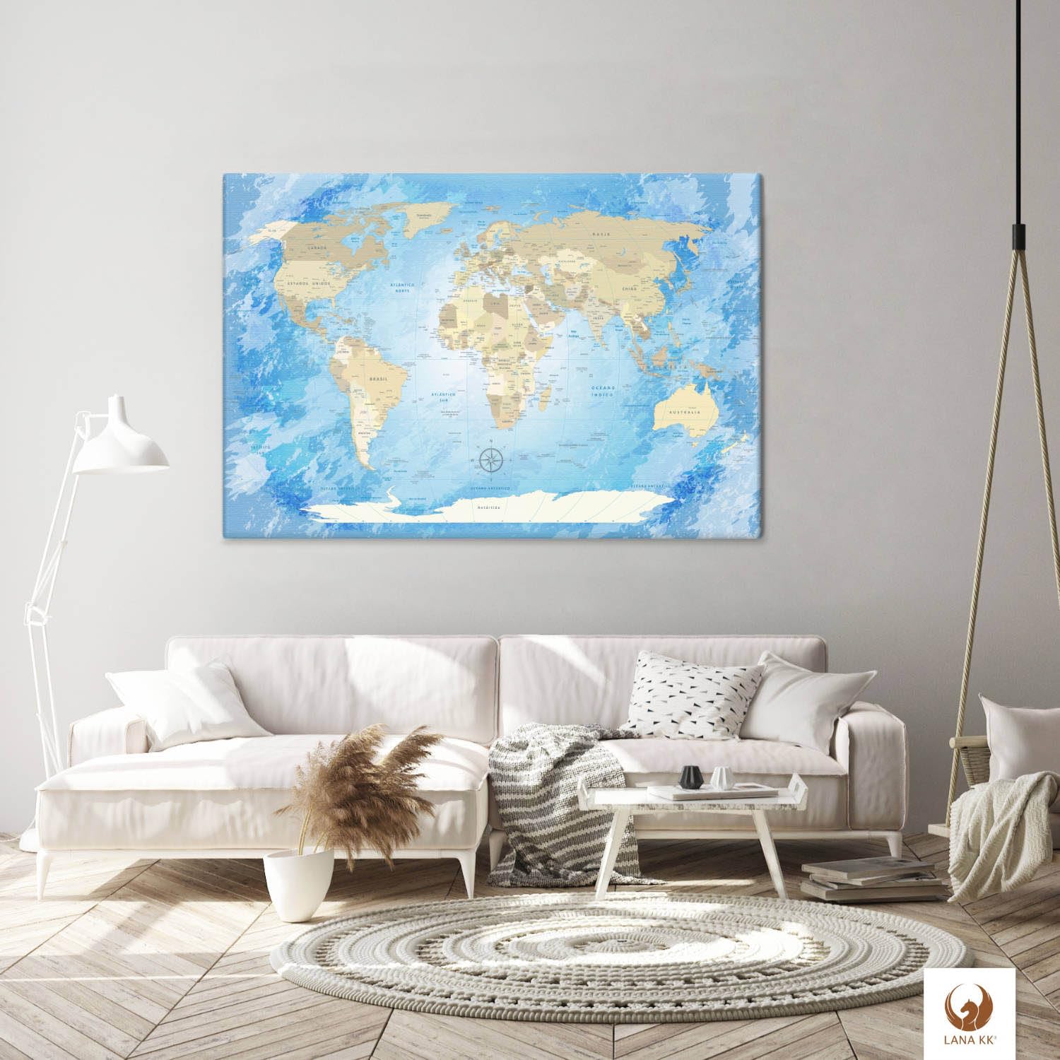 LanaKK World Map Frozen - Planisfero da parete con dorso in sughero e pregiata tela stampata su telaio, dimensioni: 120 x 80 cm, 1 pezzo