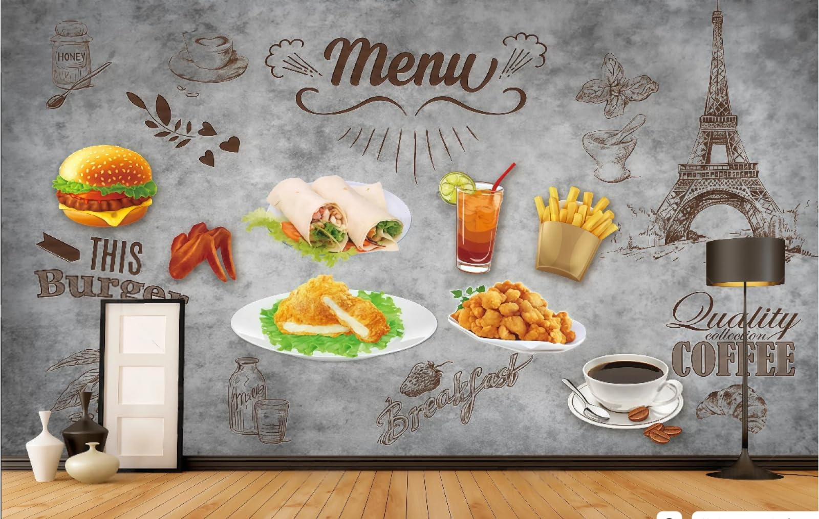 rskjdghshd Wallpaper Nostalgic Cement Wall Hand-Painted Delicious Pizza Burger Shop Theme Western Restaurant Background Wall Mural Afternoon Tea Coffee Shop Wallpaper,3D,400x280cm