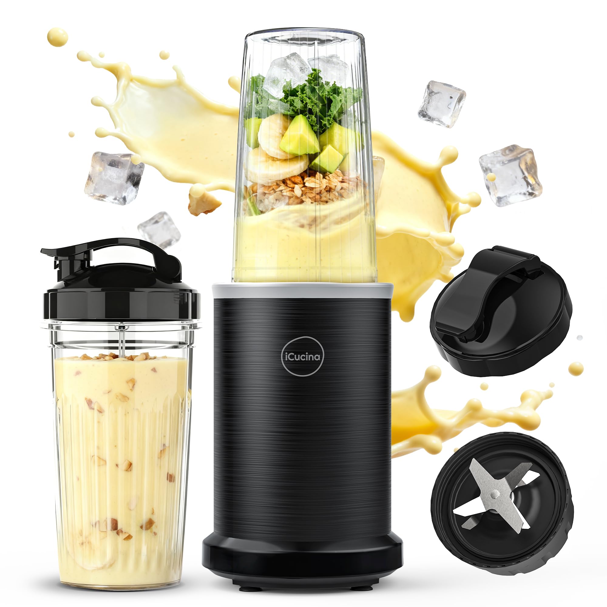 - iCucina Smoothie Blender, 1000W Personal Blender for Shakes and Smoothies with 2 x 37oz Protable Cups and Lids, Single Serve Blenders for Ice Crushing, Bean Grinding, Frozen Fruit Drinks, Black
