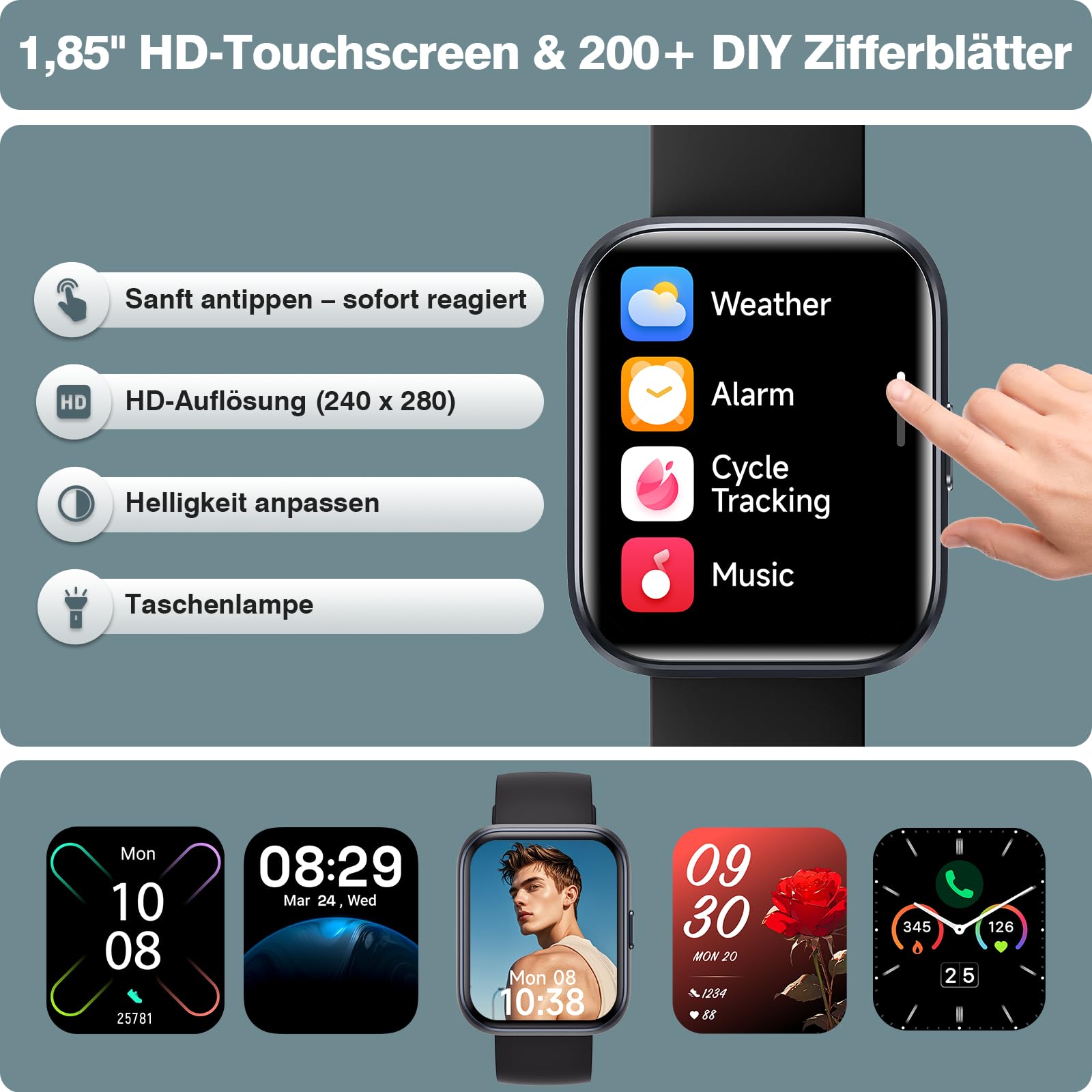 Smartwatch Herren Damen, 1.85" Smart Watch mit Telefonfunktion/Whatsapp, Fitnessuhr Herren mit Herzfrequenz/Schlafmonitor, 10 Tage Akku, 3ATM Wasserdicht Pulsuhr Damen für Samsung/iOS/Android, Alexa
