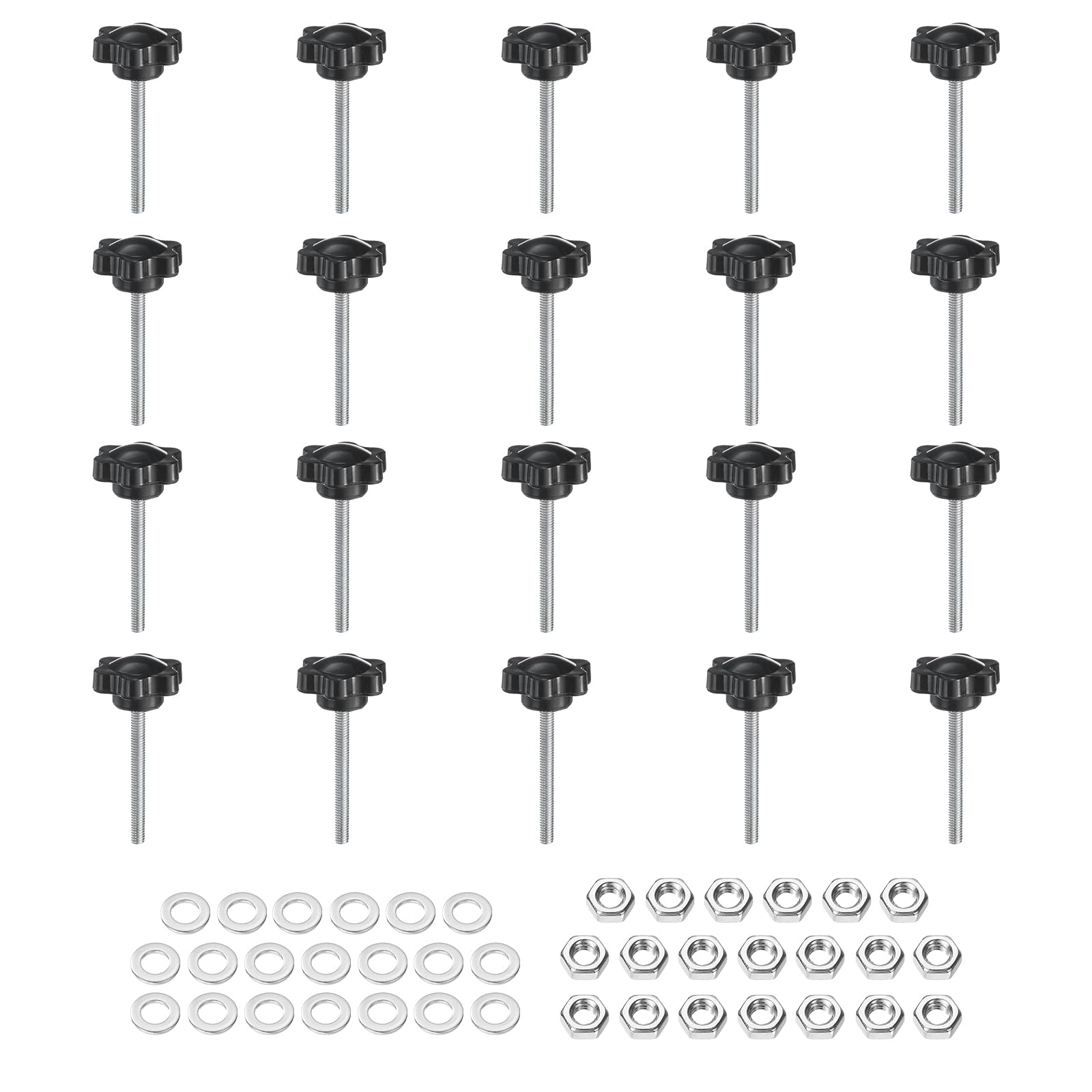 uxcell 20pcs Star Clamping Knobs with Nuts Washers, M4 x 40mm Metric Zinc Plated Carbon Steel Male Thread 25mm 6-Star Plastic Head, Threaded Stud Hand Knobs Handles Thumb Screws, Black