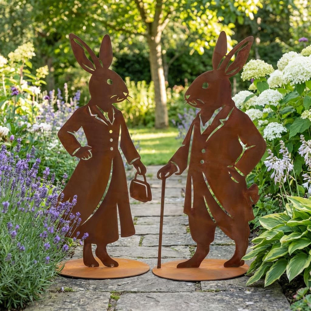 Rostikal Dekoratives Rost Hasenfiguren Set für Garten, Wohnbereich & Tischdeko – Osterdeko aus Metall mit Bodenplatte als stehende Hasen Dekofigur