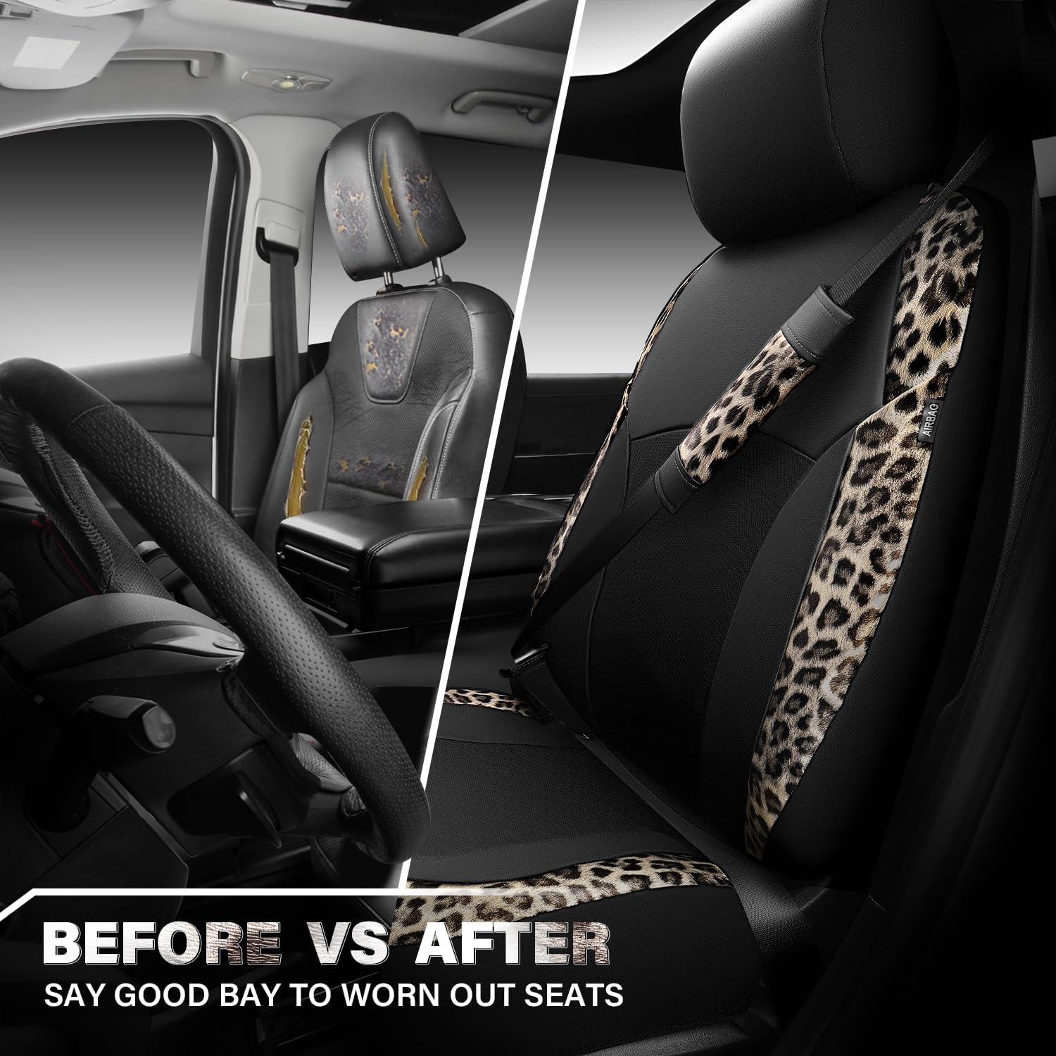 CAR PASS Leopard Print Faux Leather Car Seat Covers & Leopard Car Mats&Leopard Steering Wheel Cover Seat Belt Universal Car Accessories for SUV,Van,Saden,Truck Automobile Interior Sets(Gold Black)