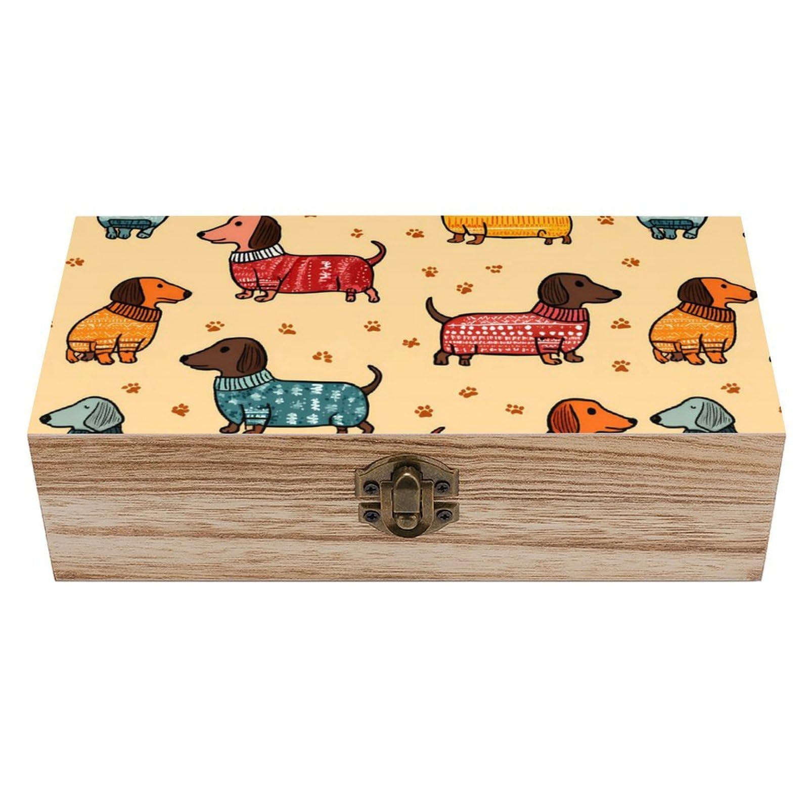 HLBSDM Dachshunds Wiener-Dog Wooden Box with Hinged Lid Decorative Storage Case Container