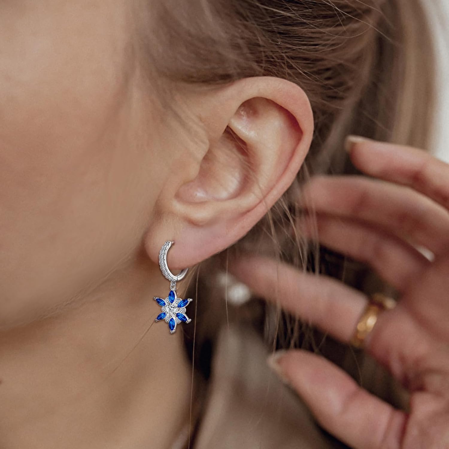 S925 Sterling Silver Blue Cubic Zirconia Snowflake Dangle Hoop Earrings with Heart Cz Hypoallergenic Loop Earrings Winter Jewelry for Women Birthday Party - Image 5